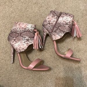 Nude pink snake print heeled sandals